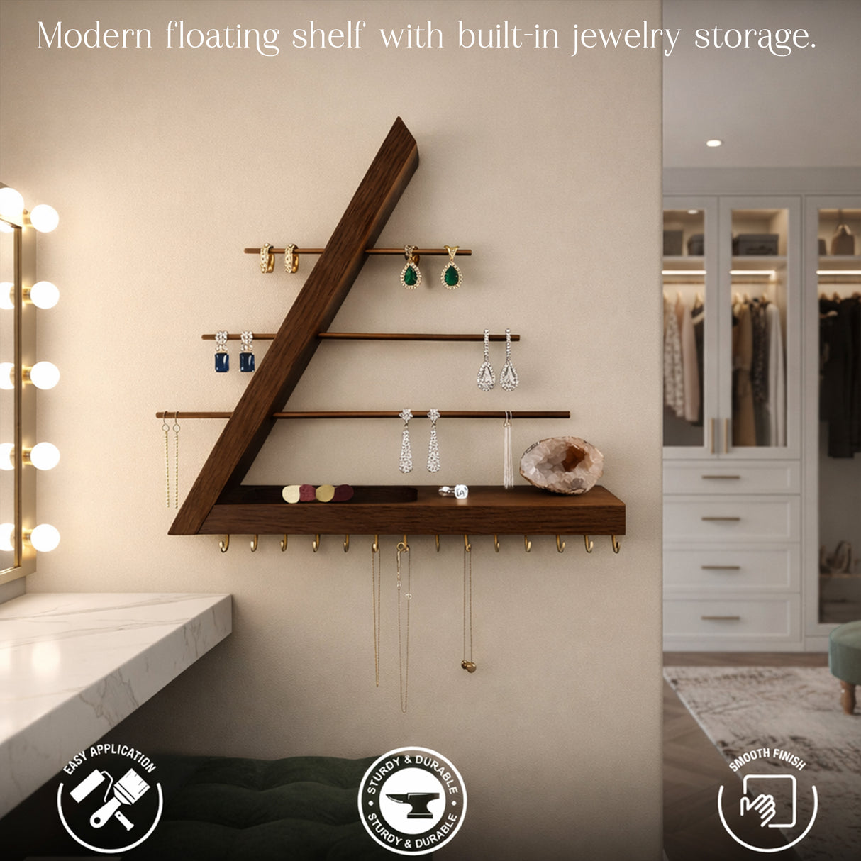 Modern Wooden Jewelry Organizer Wall Shelf with Brass Bars – Sculptural Display & Storage Rack for Necklaces, Earrings & Rings