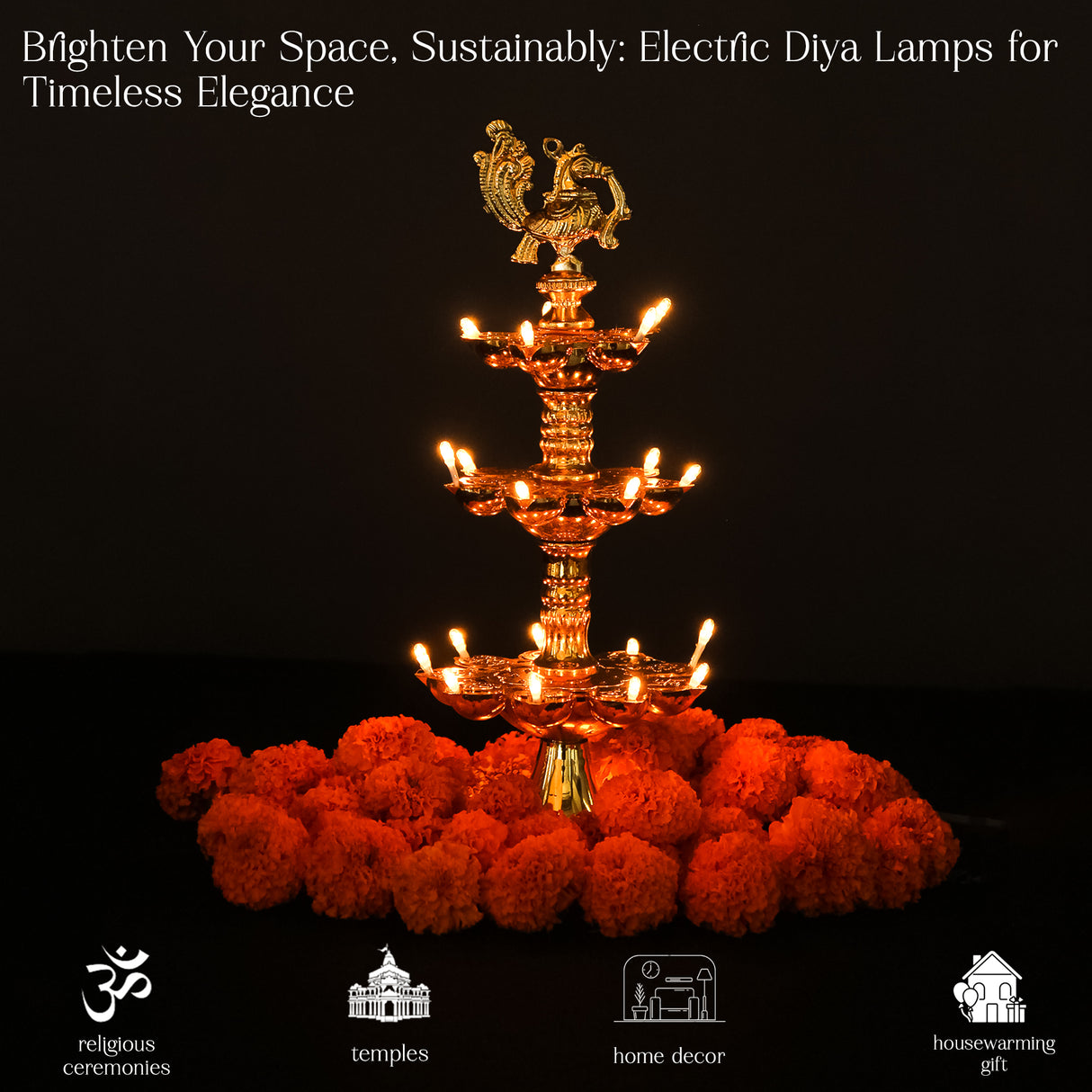 Electric Golden Peacock Top LED Diya Lamp for Pooja Room, Mandir Decoration & Diwali Festival – 11 Inch