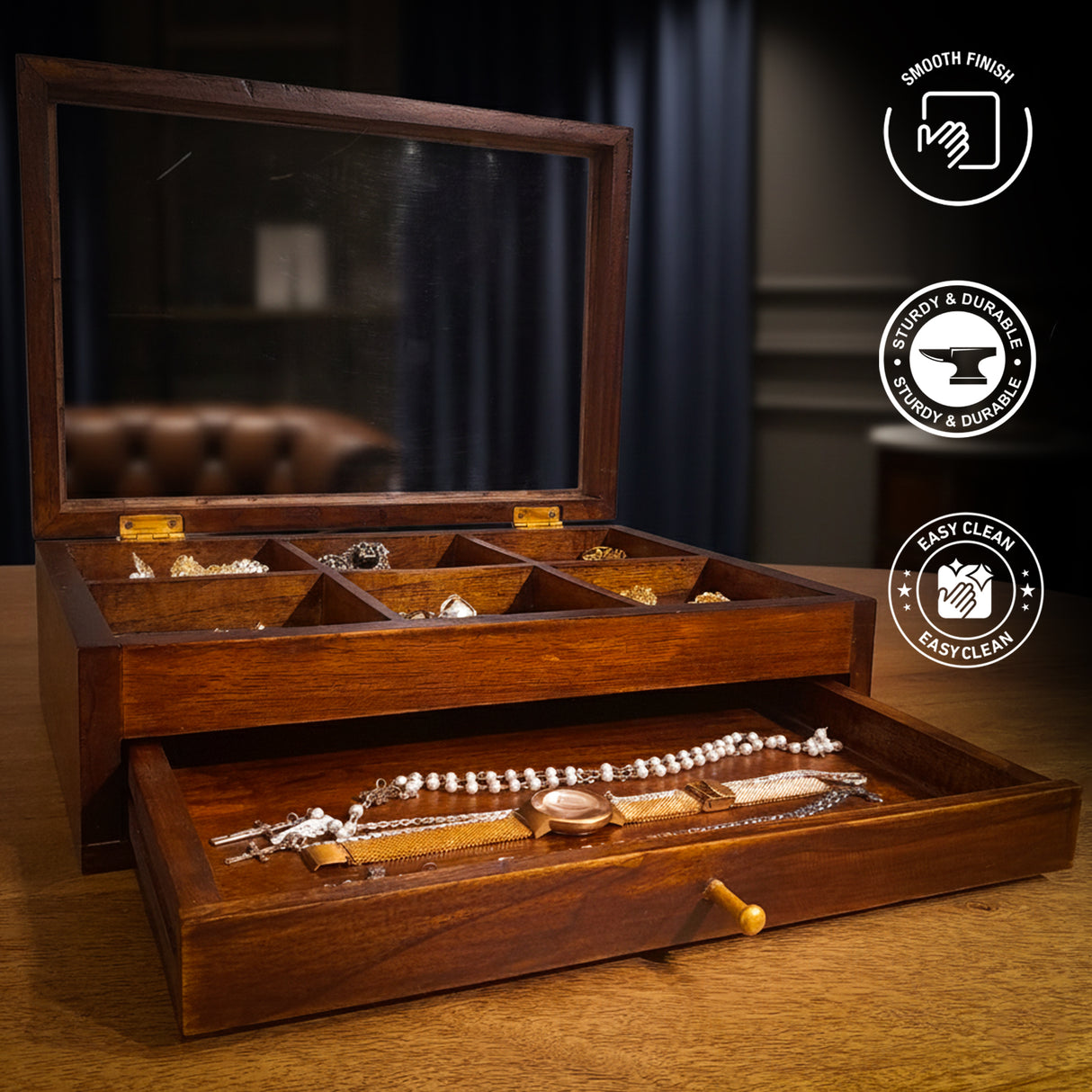 Handcrafted Wooden Bracelet & Jewelry Storage Box with Sliding Drawer - Premium Organizer with Multiple Compartments & Brass Hardware