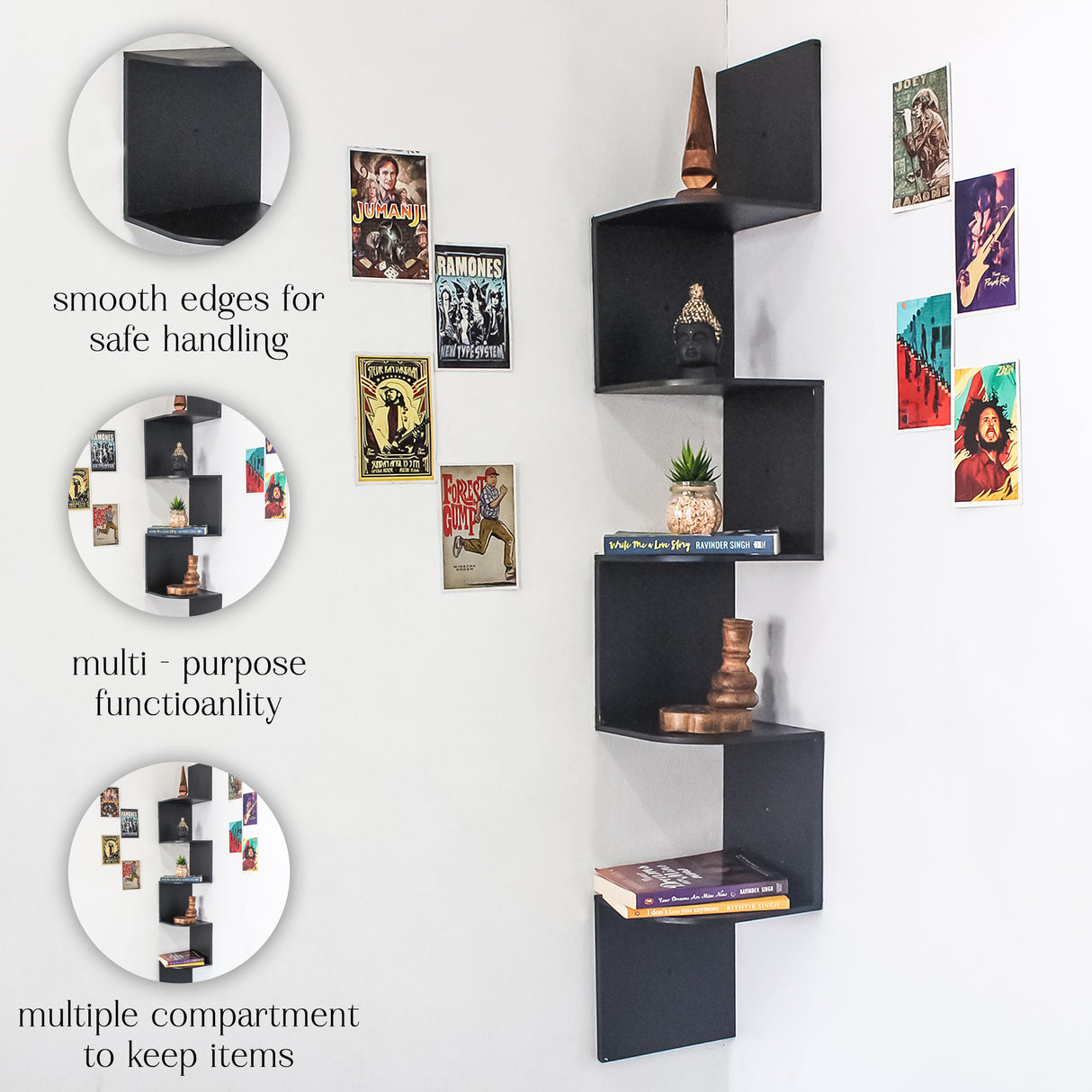 5-Tier Floating Corner Wall Shelf – Modern Storage Organizer Shelf (Black)