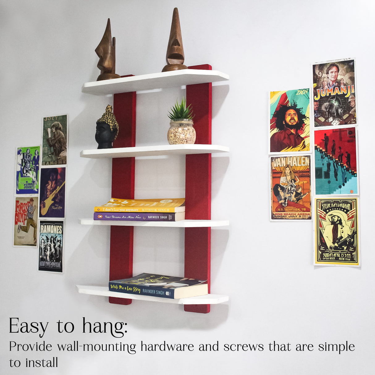 Modern Wooden Ladder 4-Tier Wall Shelf (White & Red) for Home Storage