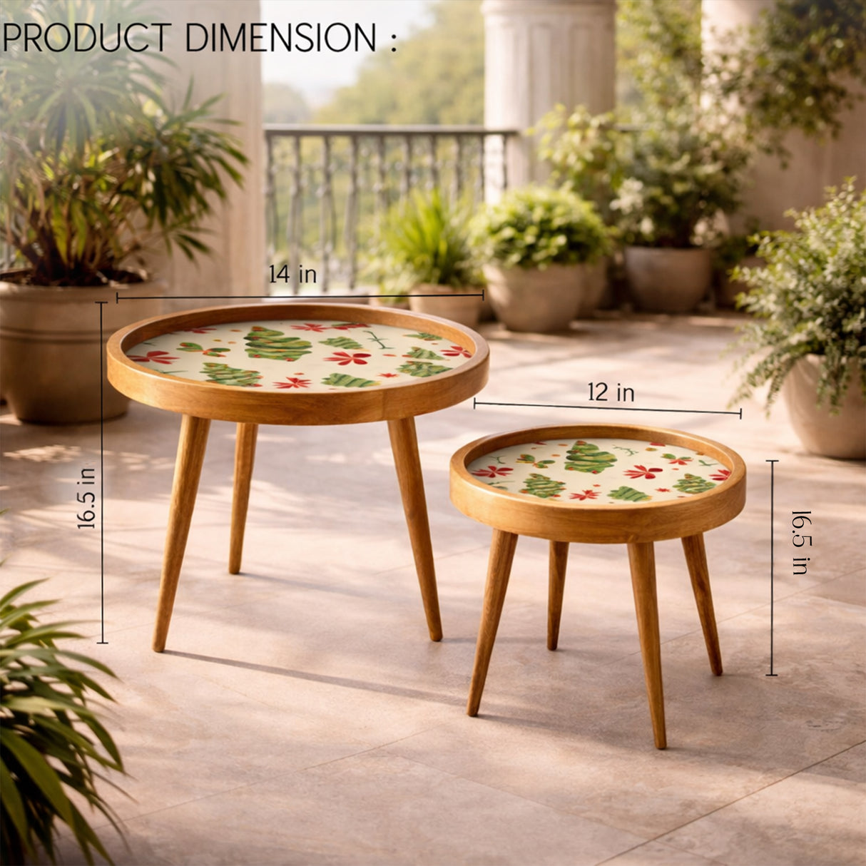 Handcrafted Wooden Coffee Table Set of 2 – Round Nesting Side Tables with Festive Printed Tray Top – Solid Wood Accent Tables for Living Room, Bedroom & Balcony Décor