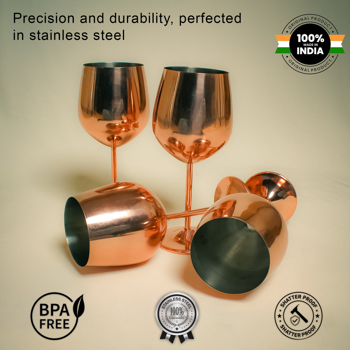 Chic Stainless Steel Wine Glasses Copper Finish, Durable & Shatterproof for Parties