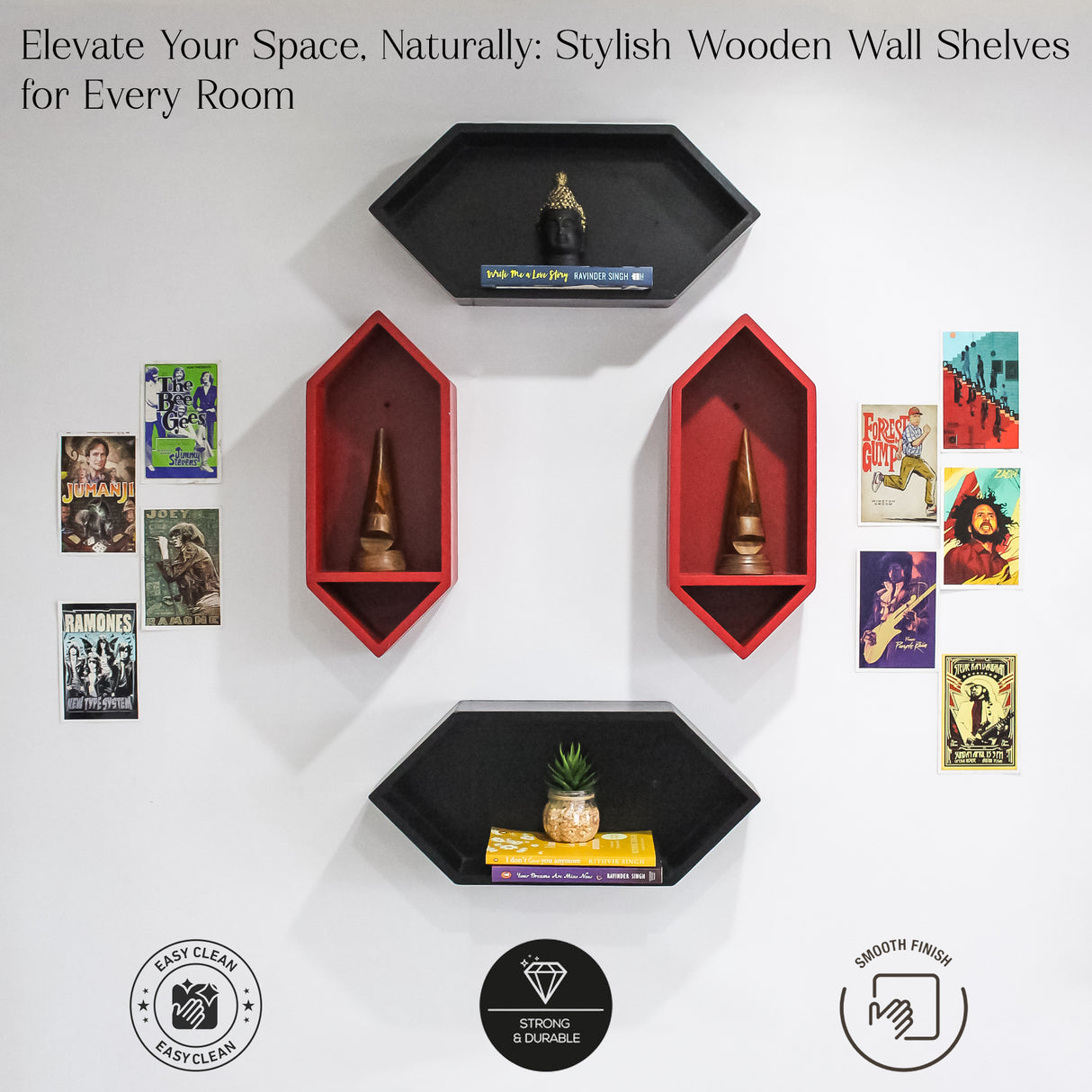 Modern Geometric Wooden Wall Shelf Set, 4-Piece Decorative Storage