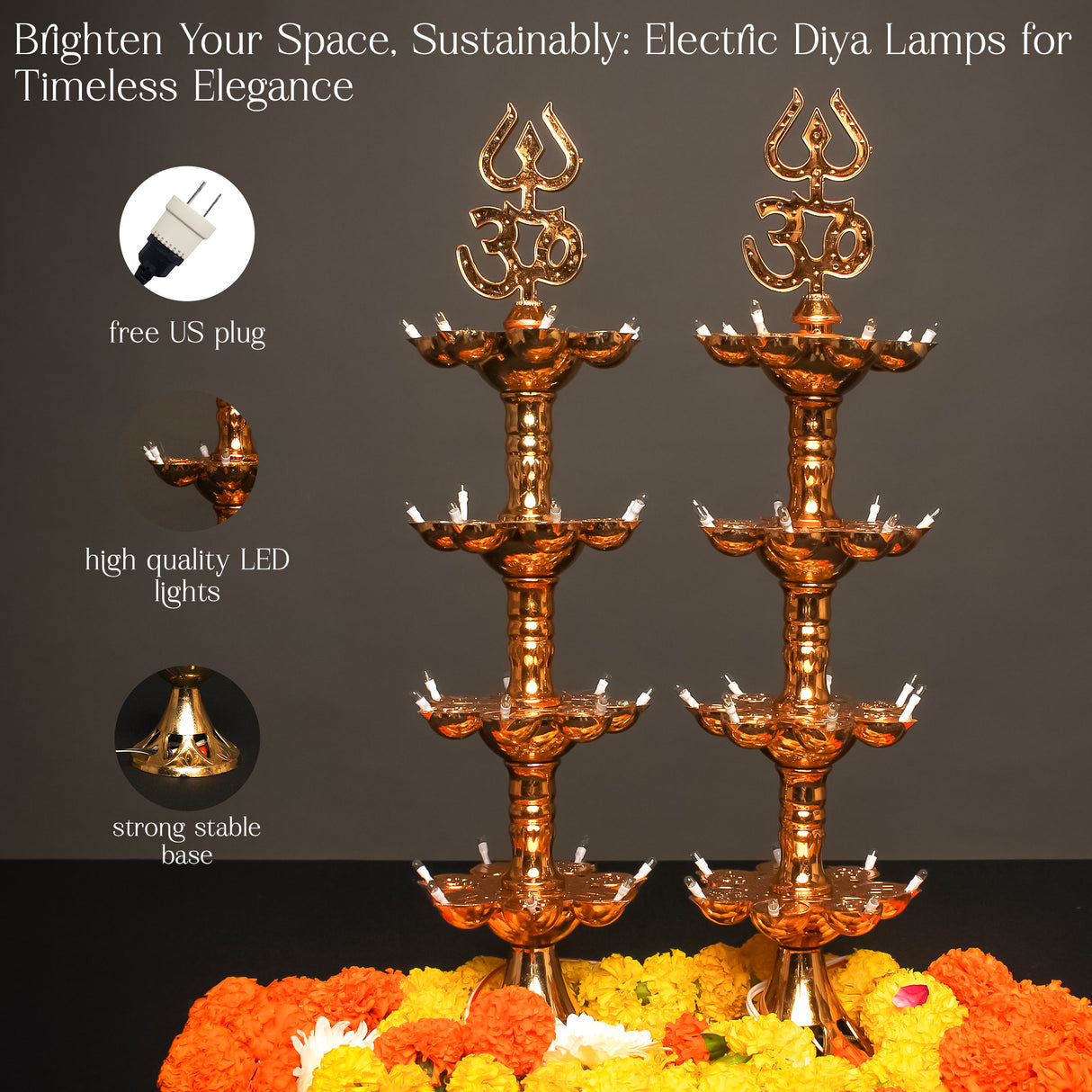 Get FREE Wall Hanging | Electric Diya Lamp for Mandir Décor | OM & Trishul Design | Multi-Level Deepam Vilakku for Diwali, Pooja, Temple, and Home Décor