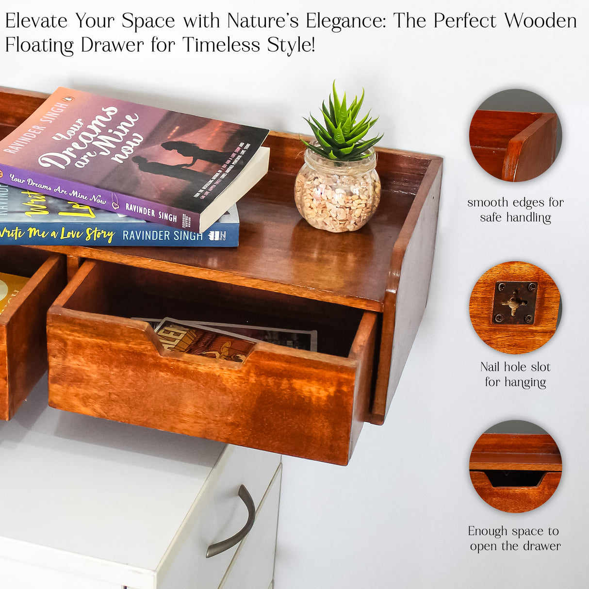 Rustic Floating Wall Shelves with Dual Drawers for Living Room and Storage (Brown)