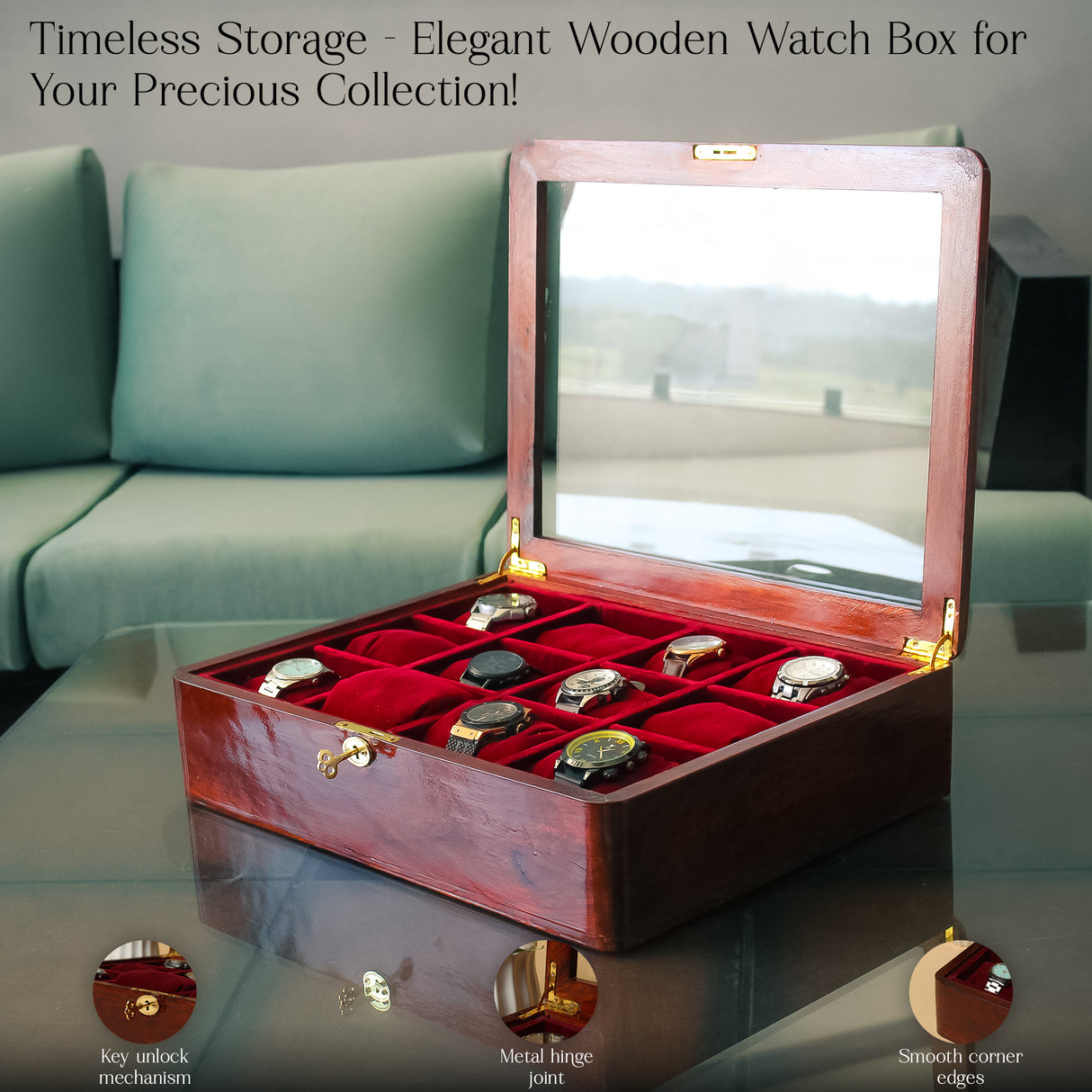 Premium Acacia Wood Watch Box, 12-Slot Luxury Watch Organizer with Key Lock.