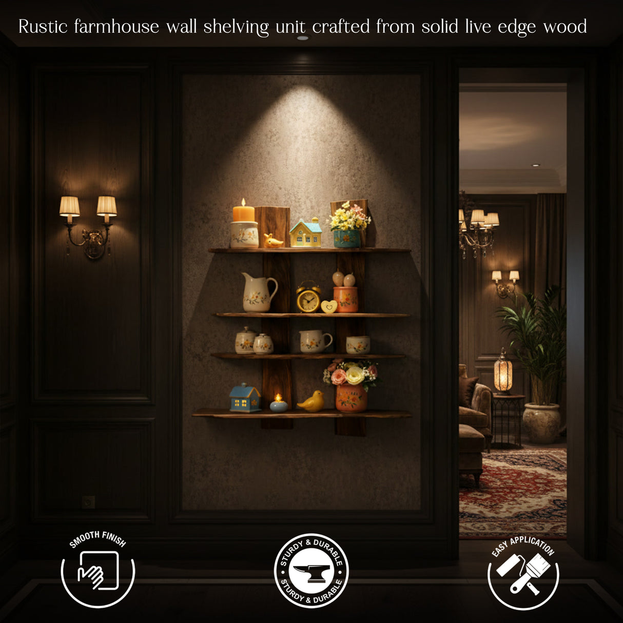 Premium Live Edge Wooden Wall Shelf Unit – Handmade Multi-Tier Solid Wood Floating Shelf for Modern & Rustic Interiors