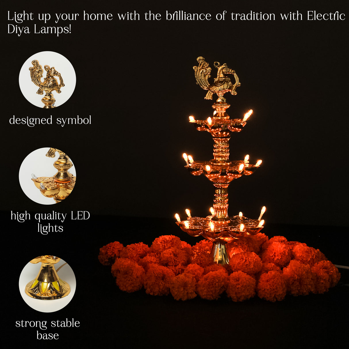 Electric Golden Peacock Top LED Diya Lamp for Pooja Room, Mandir Decoration & Diwali Festival – 11 Inch