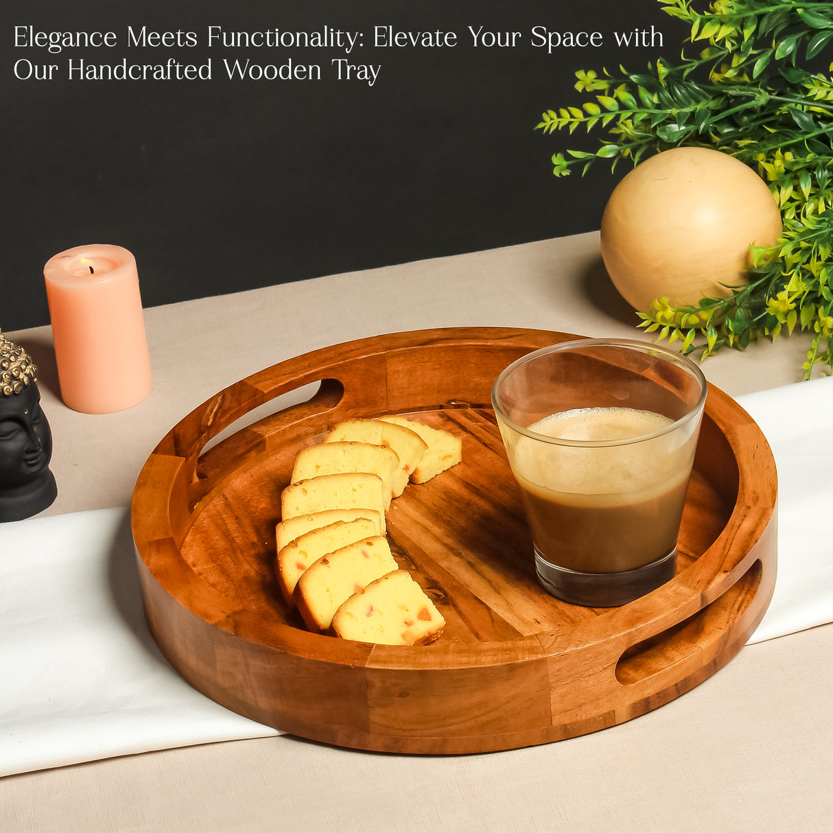 Handcrafted Wooden Round Tray with Handles - Serving Tray Coffee, Snacks & Kitchen