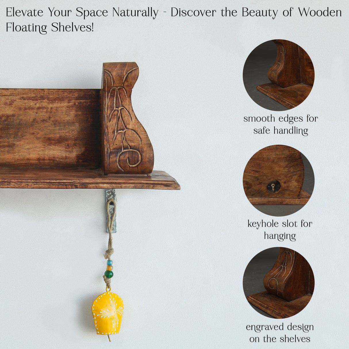 Elegant Rustic Hand-Carved Wooden Wall Shelf - Decorative Display (Brown)