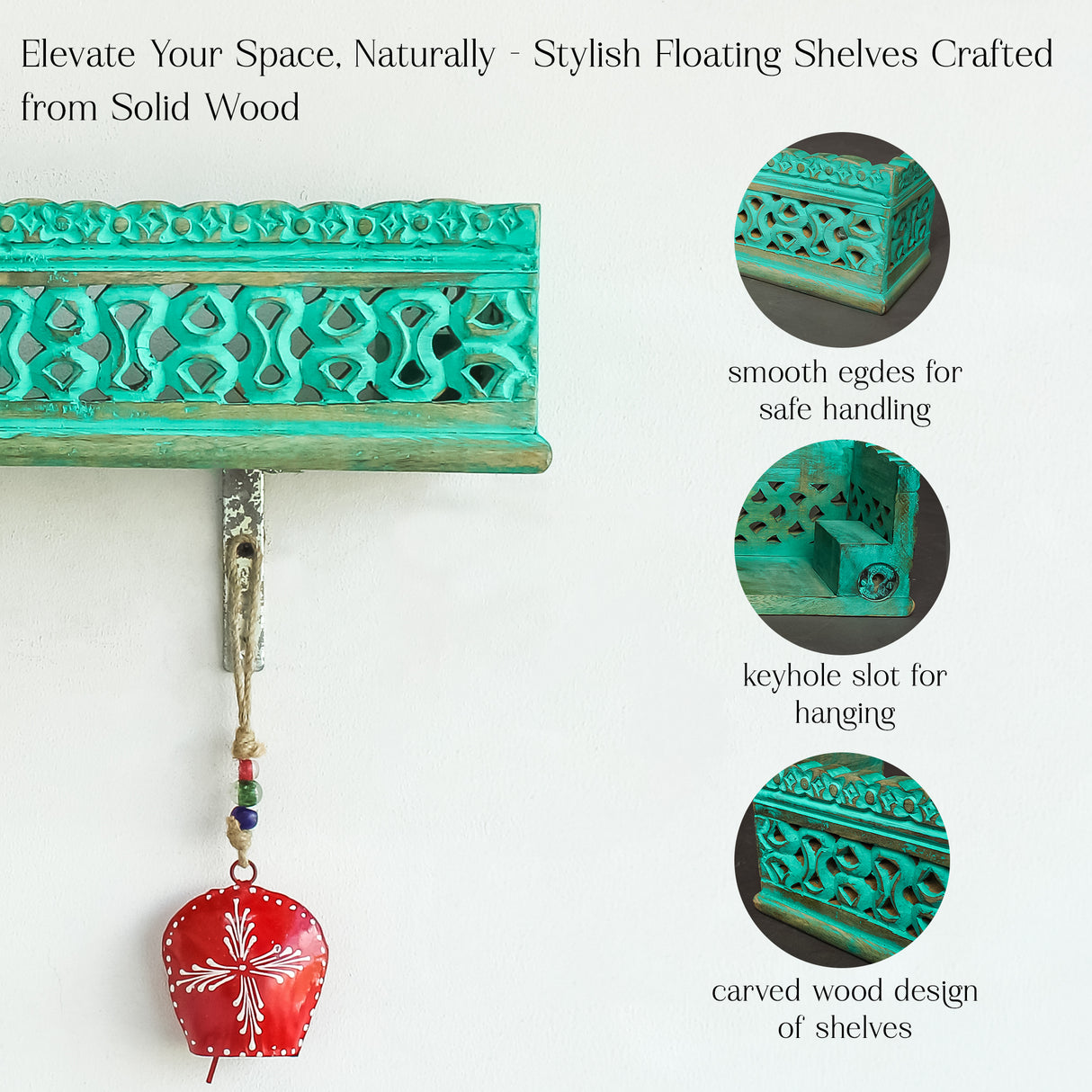 Green Handcrafted Wooden Wall Shelf with Intricate Carvings for Home Decor