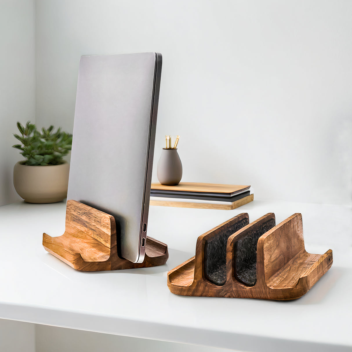 Wooden Dual Slot Laptop Stand – Vertical Holder for MacBook, Tablet & Phone