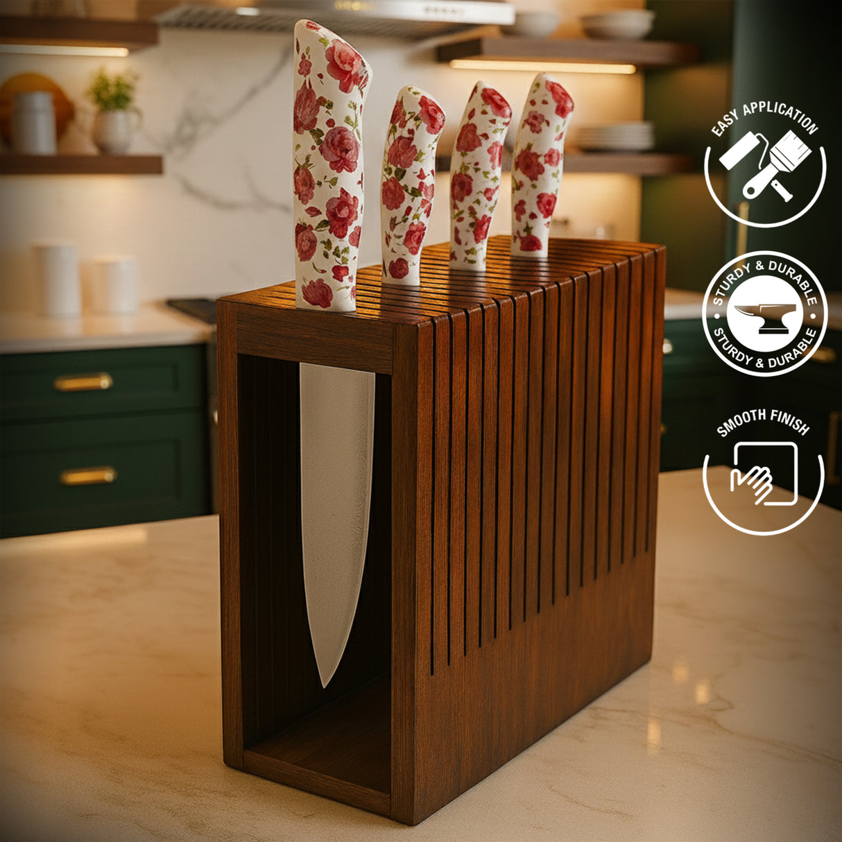 Handcrafted Wooden Knife Block Holder - Premium Countertop Knife Organizer with Ventilated Slots