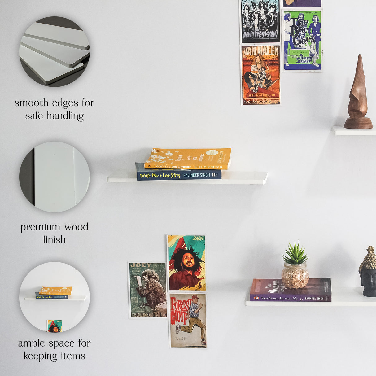 Sleek Floating Wooden Wall Shelf Set of 3 for Living Room Storage Home Decor