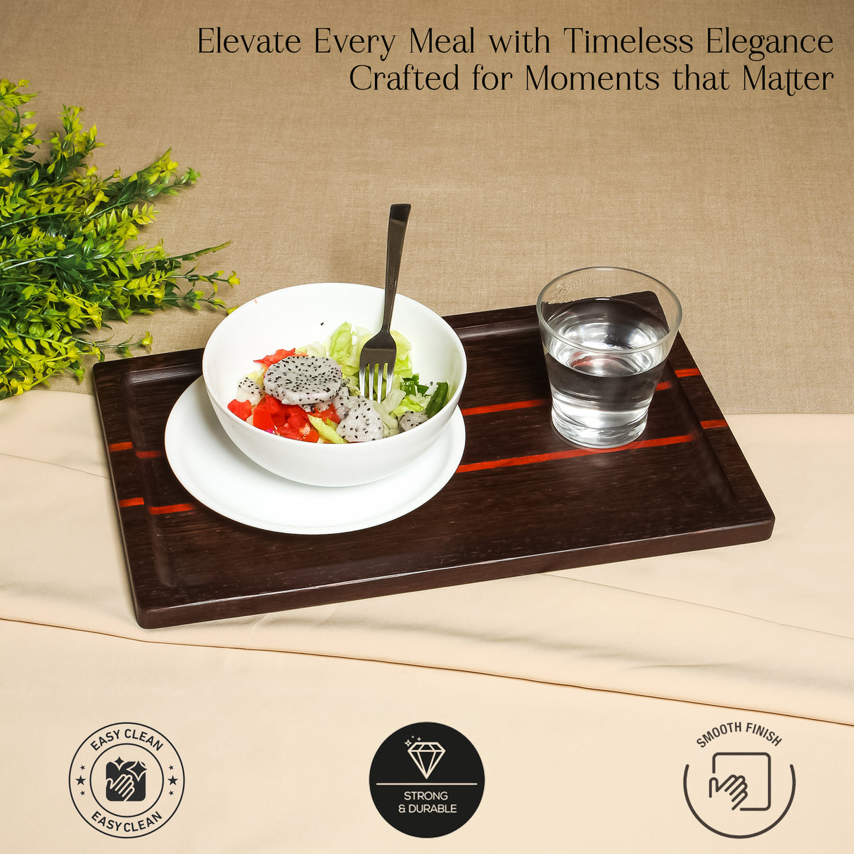Handcrafted Dark Wooden Tray with Red Accent Lines – Durable & Stylish Serving Solution