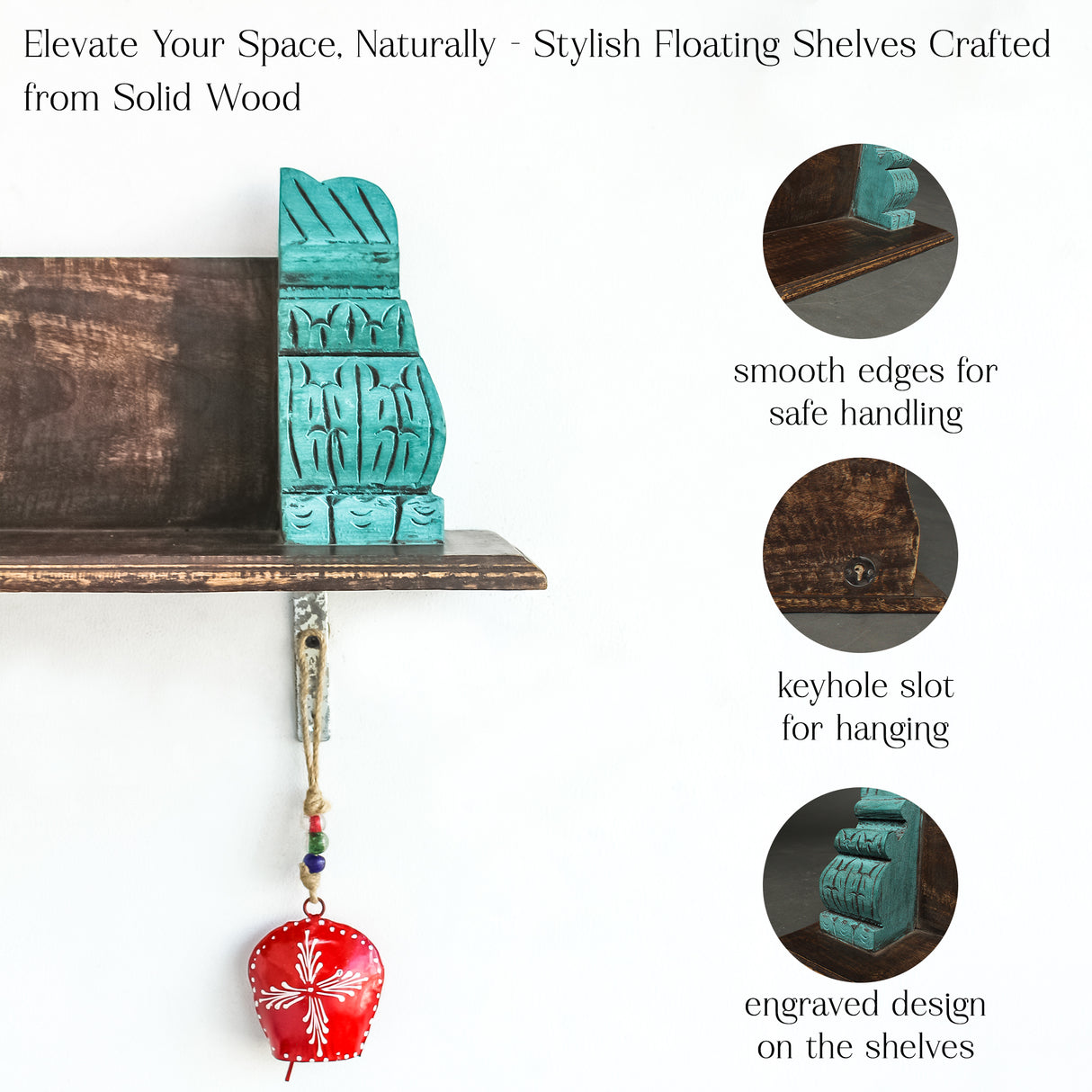 Vintage Distressed Wooden Wall Shelf - Blue | Rustic Floating Shelf with Carvings