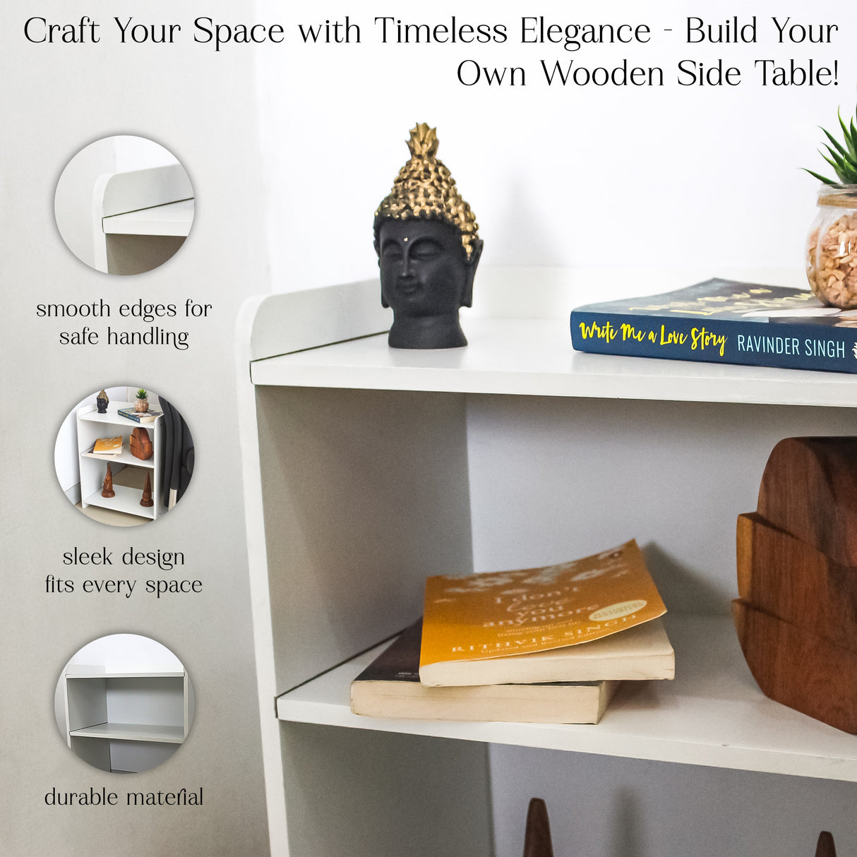 Elegant Wooden DIY Side Table with Storage & Shelves Modern White