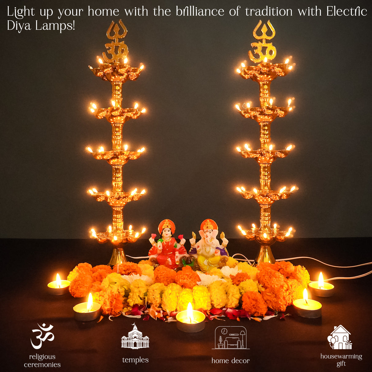 Get FREE Wall Hanging | Electric Diya Lamp for Mandir Décor | OM & Trishul Design | Multi-Level Deepam Vilakku for Diwali, Pooja, Temple, and Home Décor