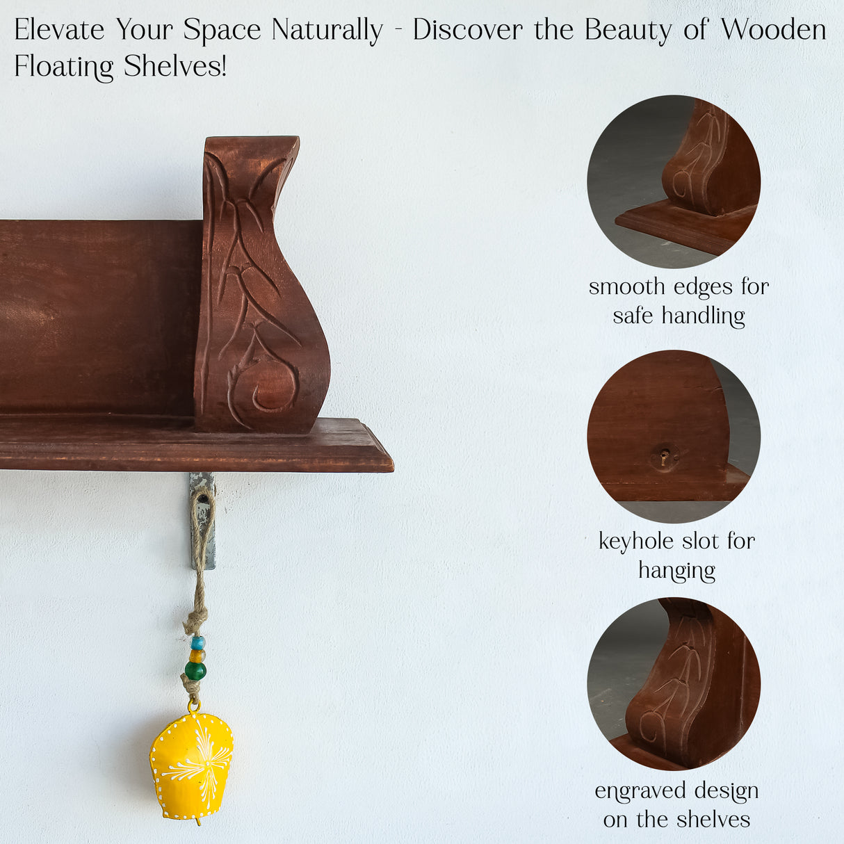 Elegant Hand-Carved Wooden Wall Shelf (Walnut Brown) – Rustic Home Decor