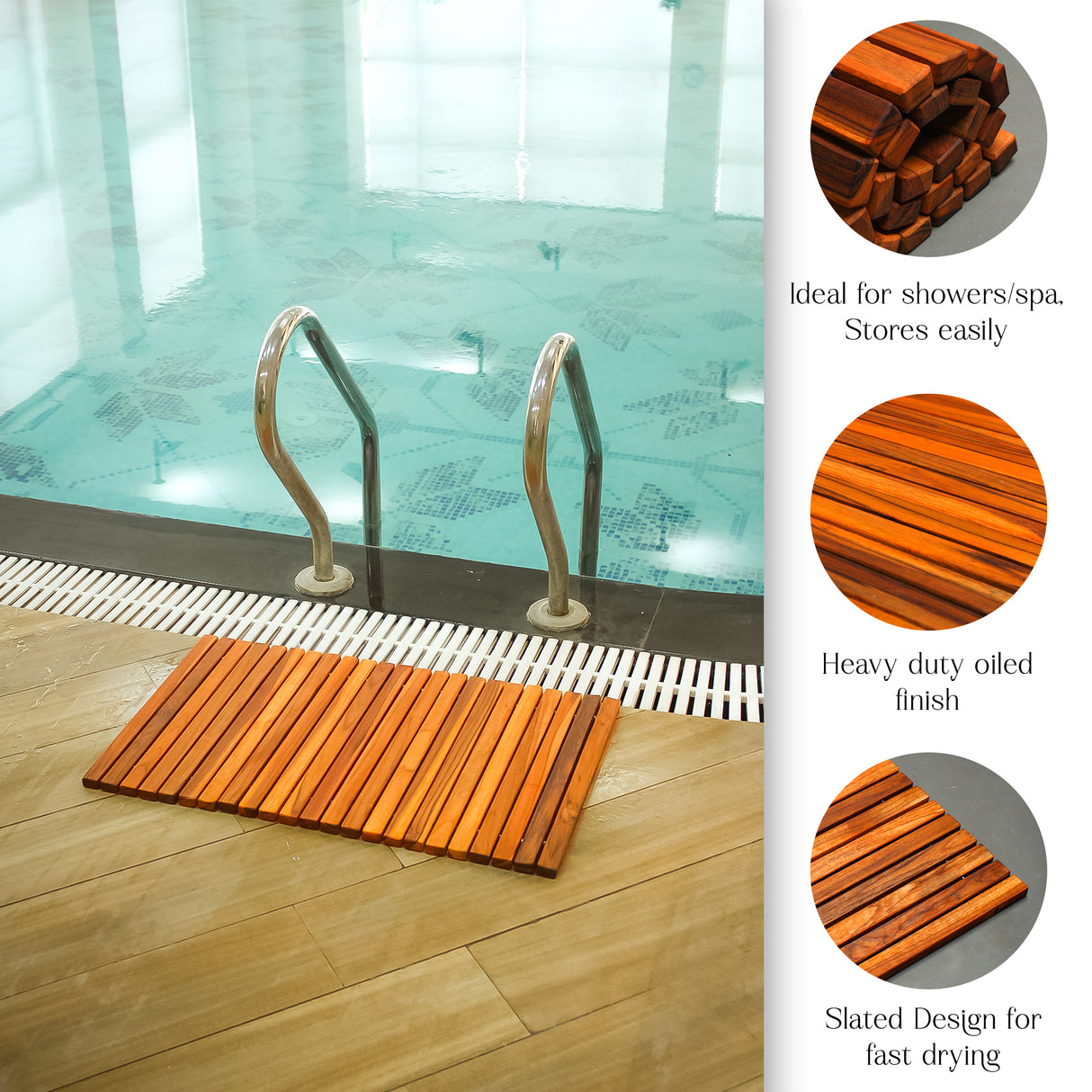 Foldable Teak Shower and Bath Mat, Water-Resistant Spa Floor Mat (24" x 16")