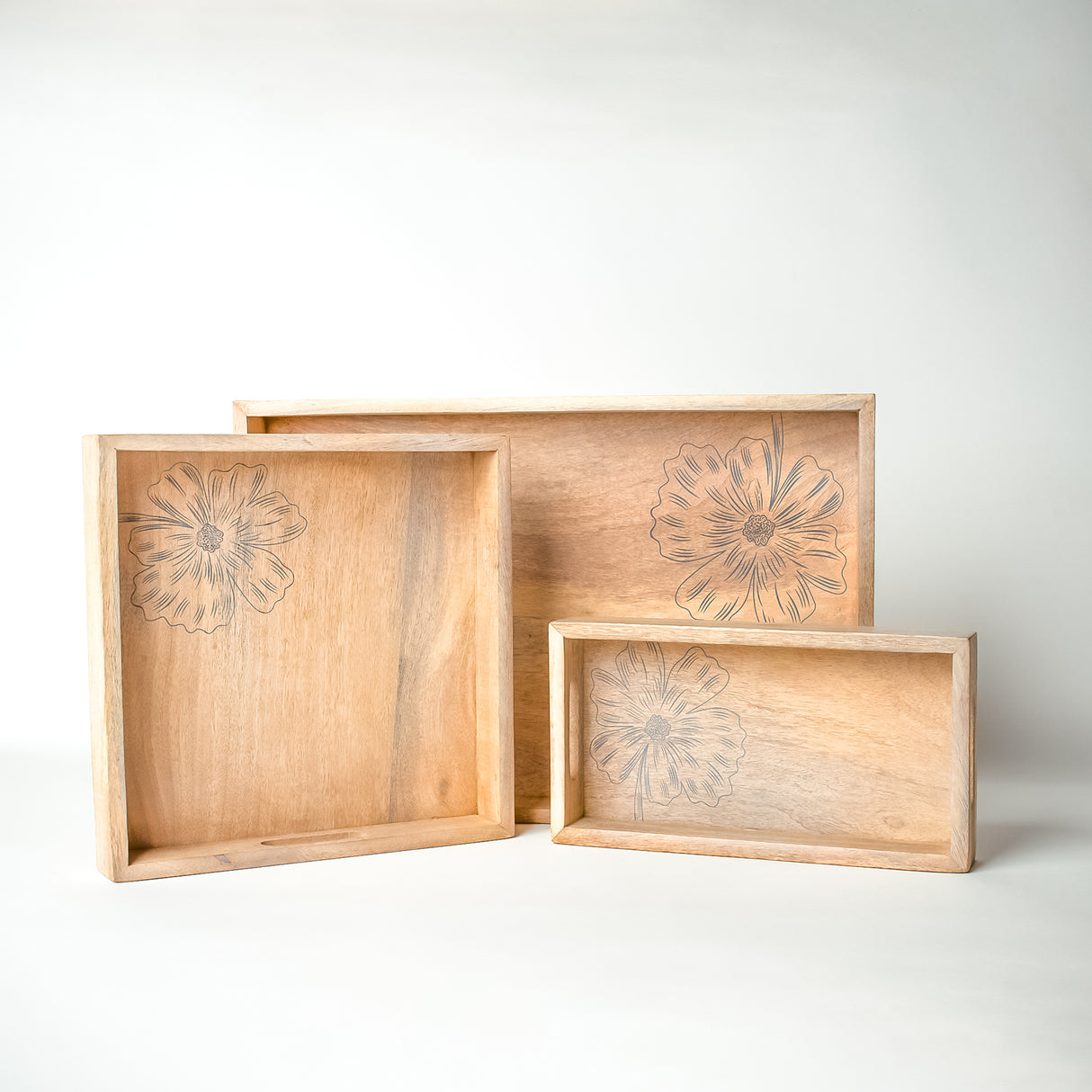 Wooden Serving Tray Set – Handmade Nesting Trays with Floral Engraving (Set of 3).