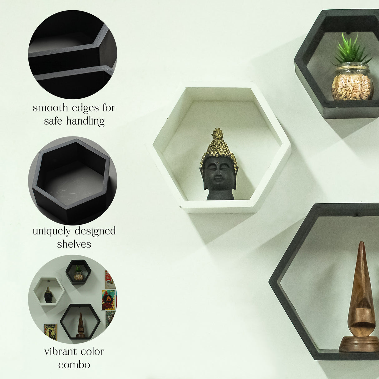 Modern Wooden Hexagon Shelf Set of 3 - Floating Geometric Wall Shelves for Living Room