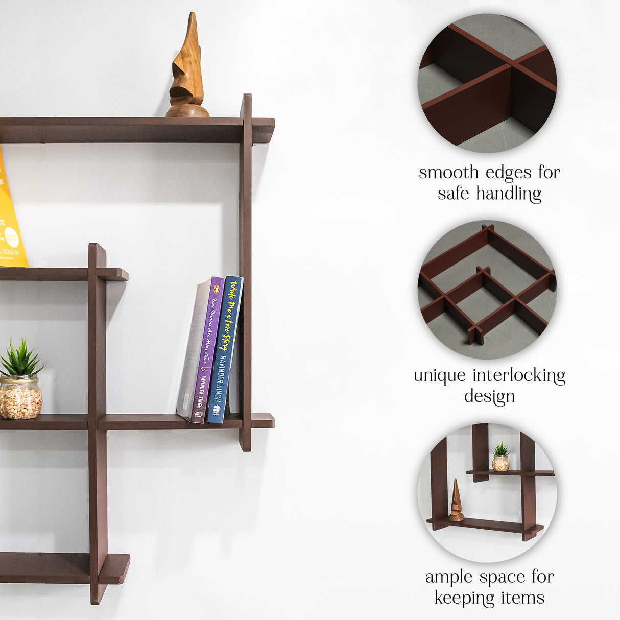 Wooden Square Floating Wall Shelf for Living Room, Home Decor (Brown)