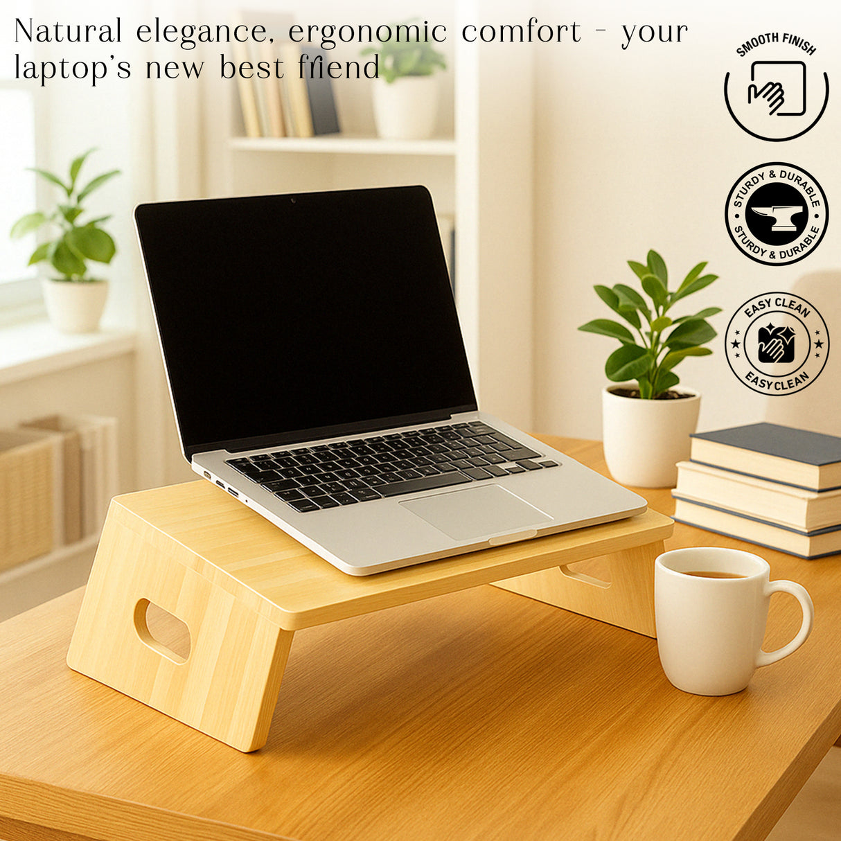 Wood Laptop Stand for MacBook โ Body-friendly Desk , Wooden Computer Holder, Office Accessories, Work from Home Gift, Workspace Organizer