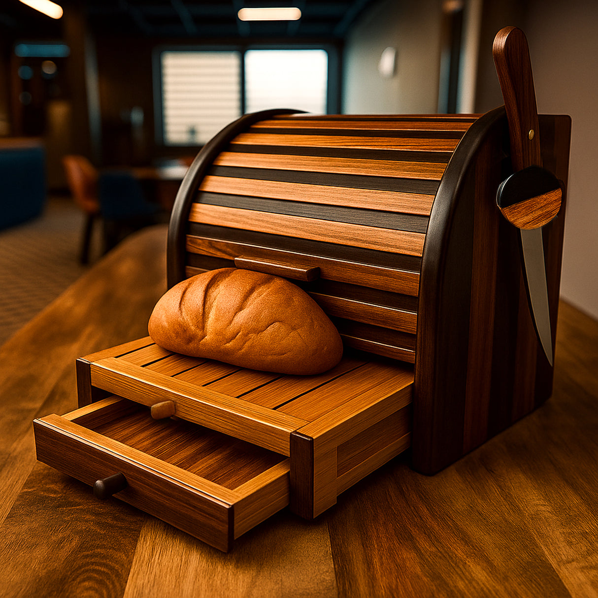 Handcrafted Wooden Bread Box with Roll-Top Lid & Sliding Crumb Drawer - Premium Countertop Bread Storage Organizer