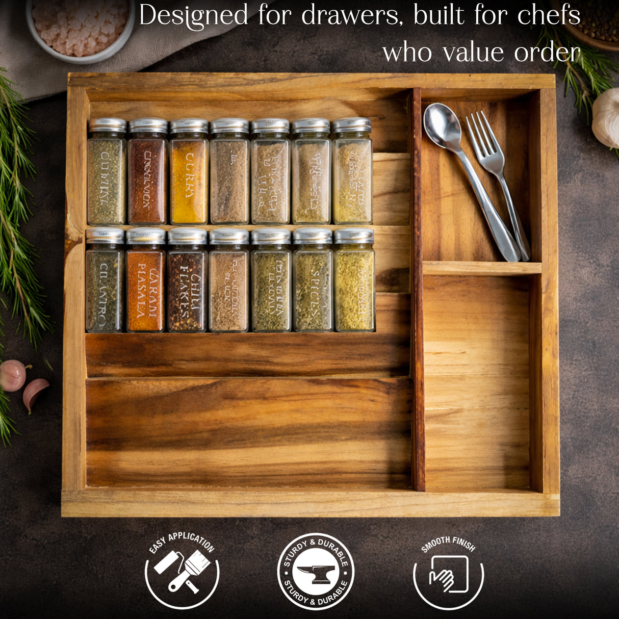 Premium Solid Wood Kitchen Drawer Organizer with Spice Jar & Cutlery Compartments – Handcrafted Modular Storage Tray for Neat & Elegant Kitchens