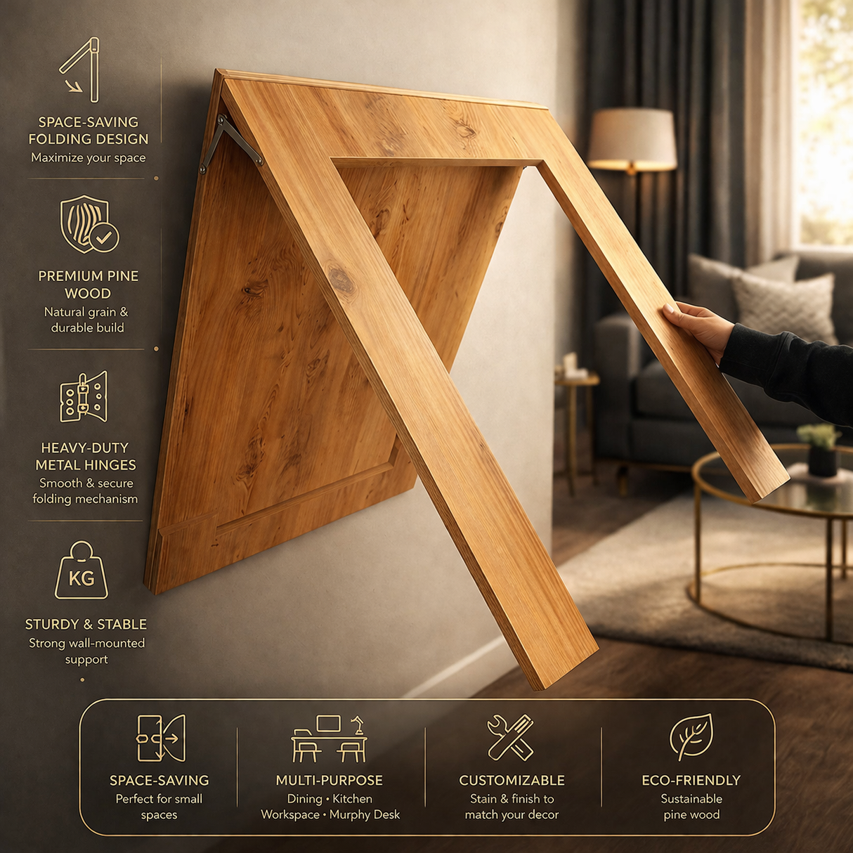 Wall Mounted Folding Table Wooden – Foldable Desk for Study, Dining, Work, Laptop Table for Small Spaces & Home
