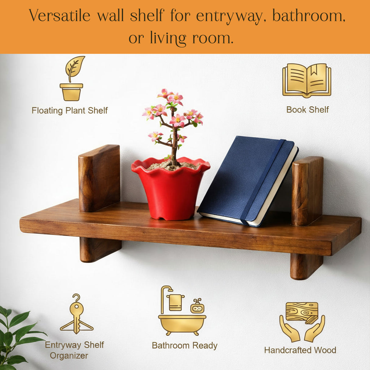 Wooden Floating Shelf Wall Mounted – Minimal Ledge Shelf for Plants, Books, Bathroom & Entryway Decor