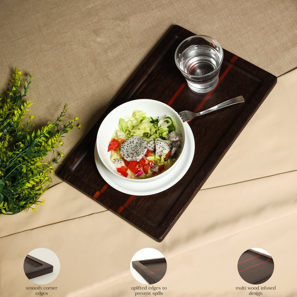 Handcrafted Dark Wooden Tray with Red Accent Lines – Durable & Stylish Serving Solution