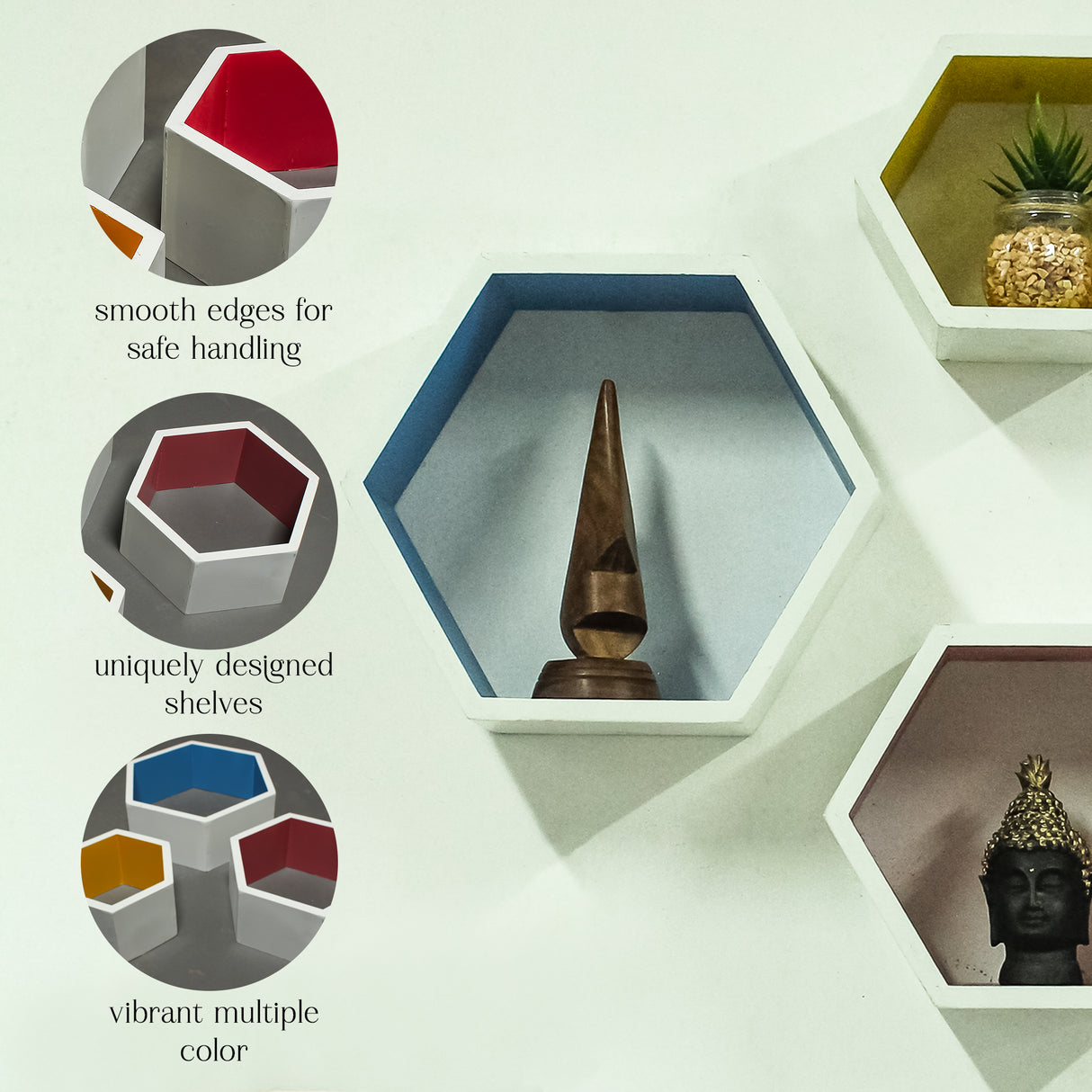 Modern Wooden Hexagon Wall Shelf Set of 3 – Geometric Floating Shelves