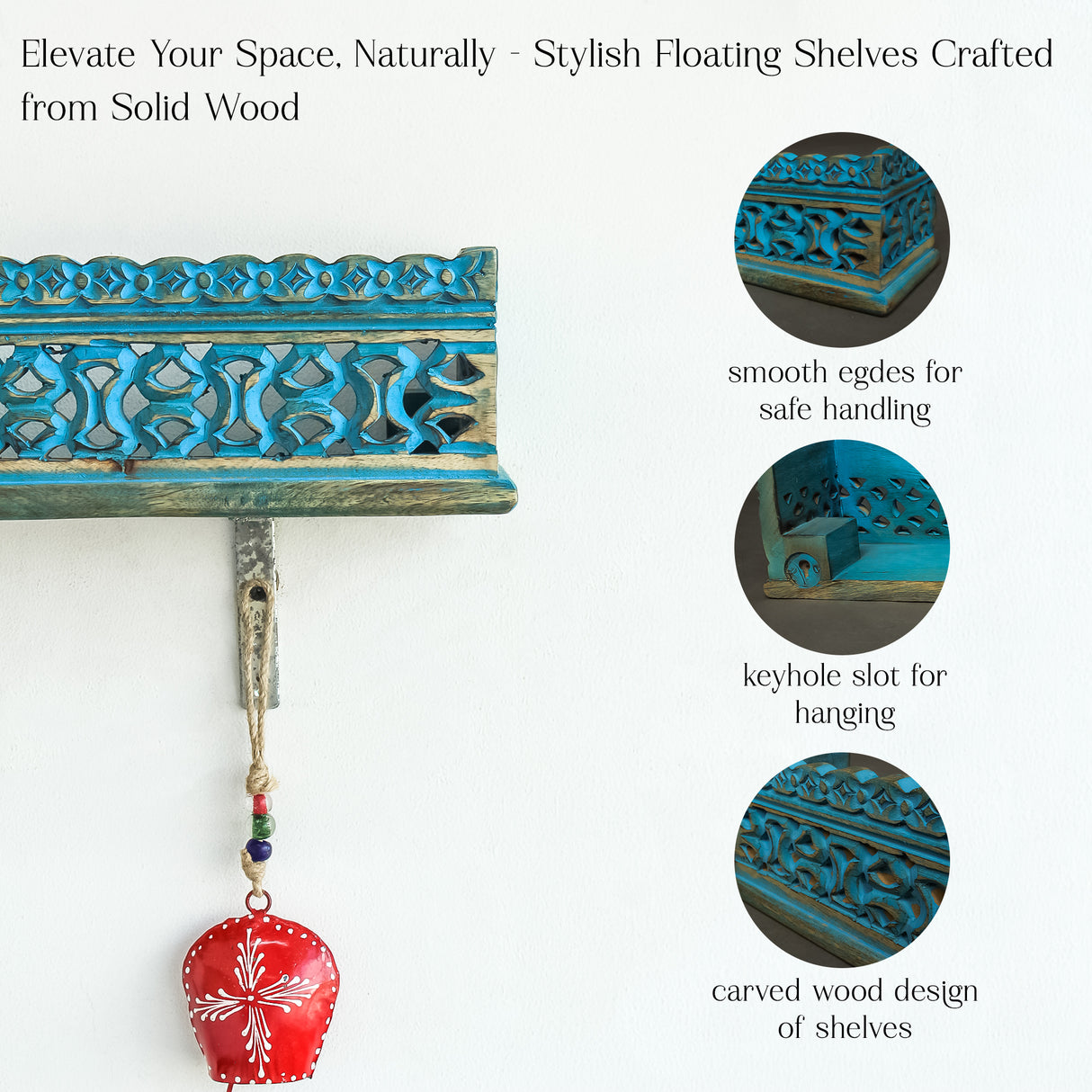 Handcrafted Wooden Wall Shelf with Intricate Carvings (Blue, Rustic, Floating Shelf)
