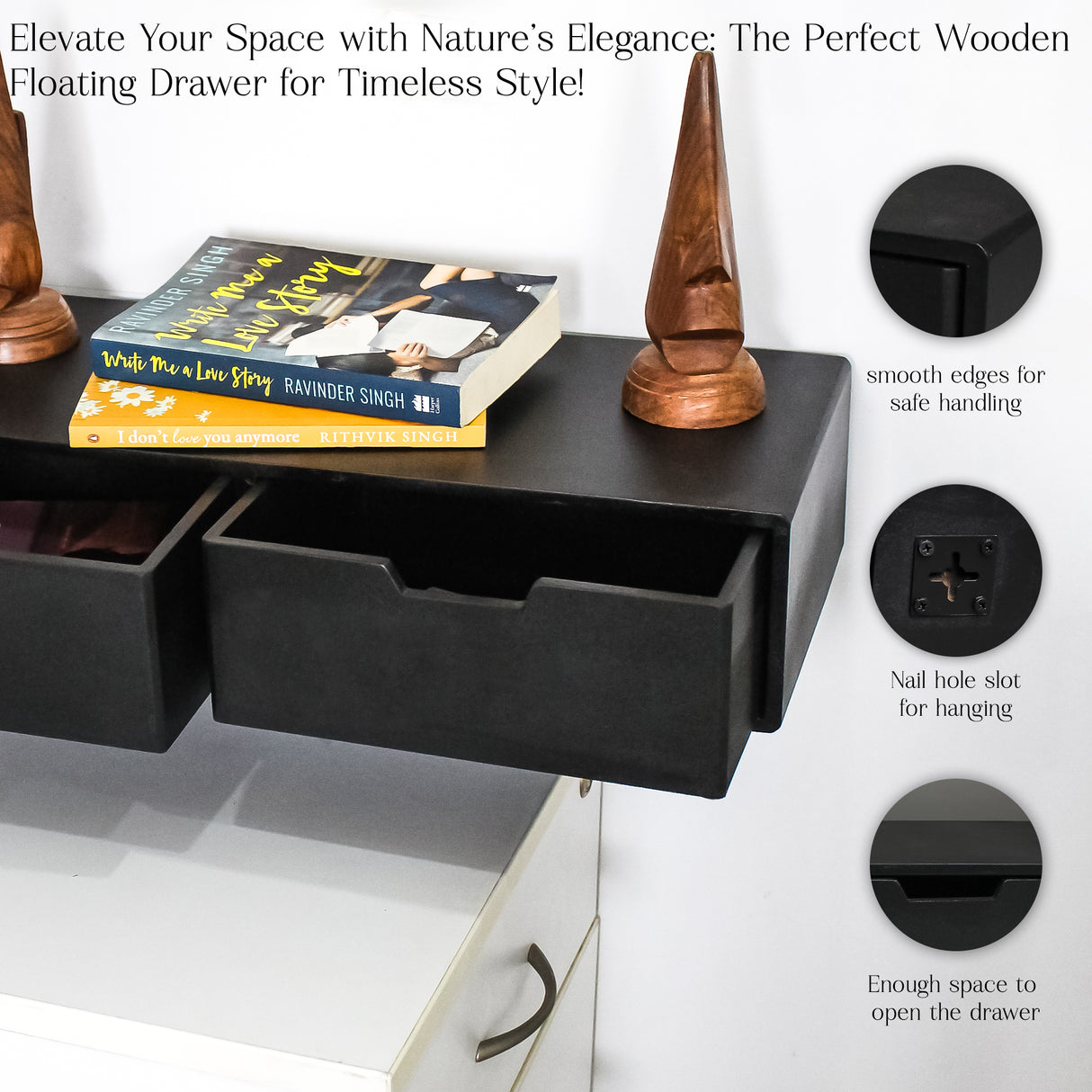 Modern Floating Wooden Dual Drawer - Wall-Mounted Storage Shelf (Black)