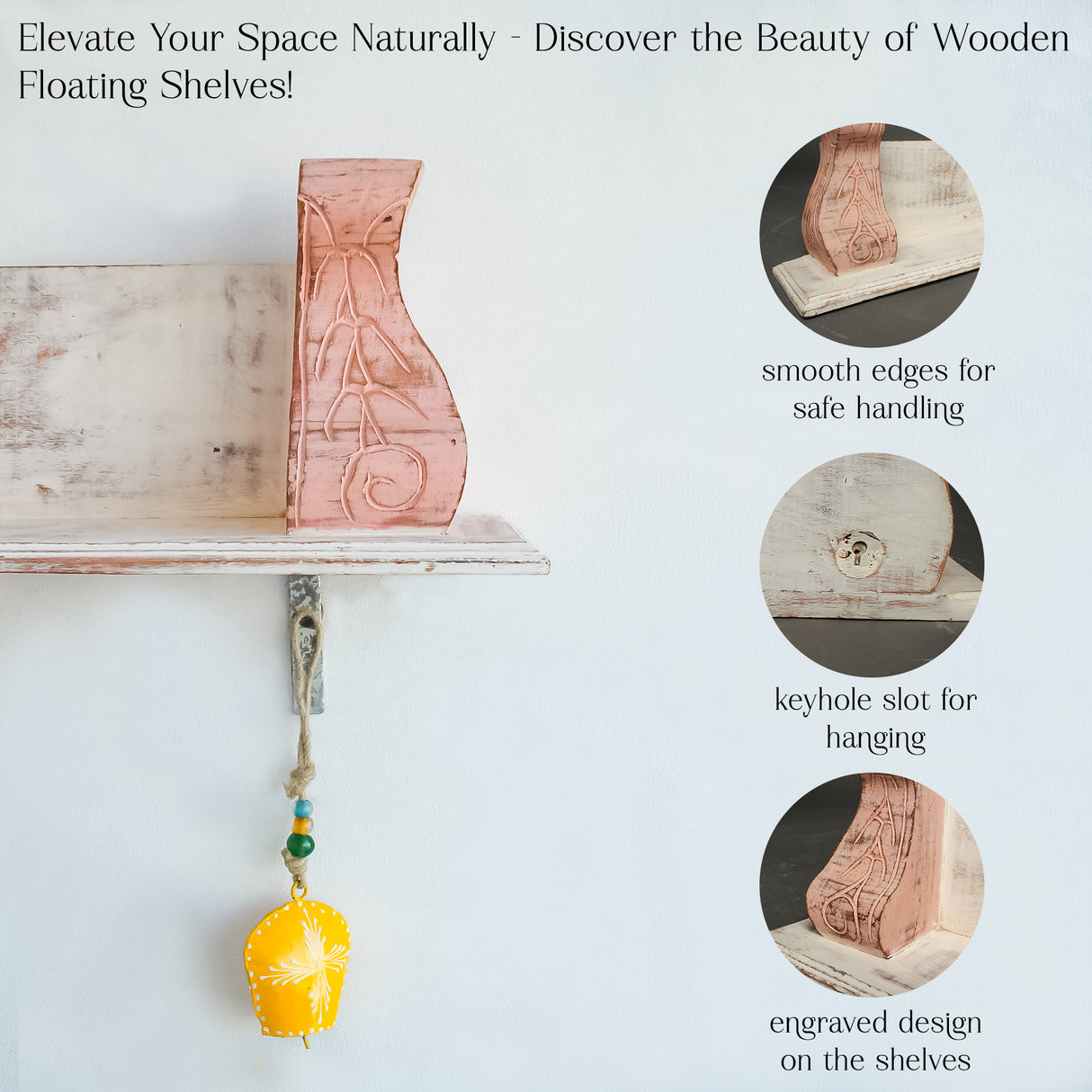 Elegant Hand-Carved Wooden Wall Shelf for Living Rooms (Pink)