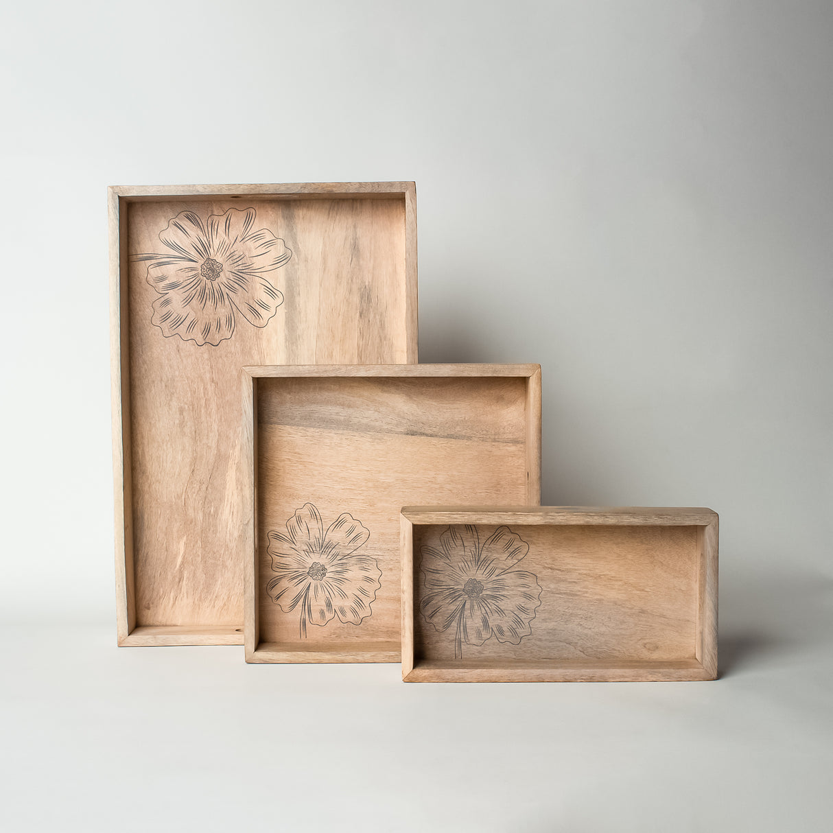 Wooden Serving Tray Set – Handmade Nesting Trays with Floral Engraving (Set of 3).