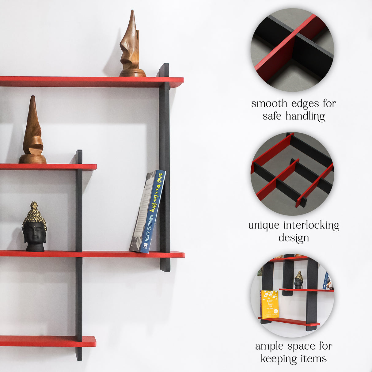 Wooden Floating Wall Shelf, Square Design (Red & Black) for Home Decor