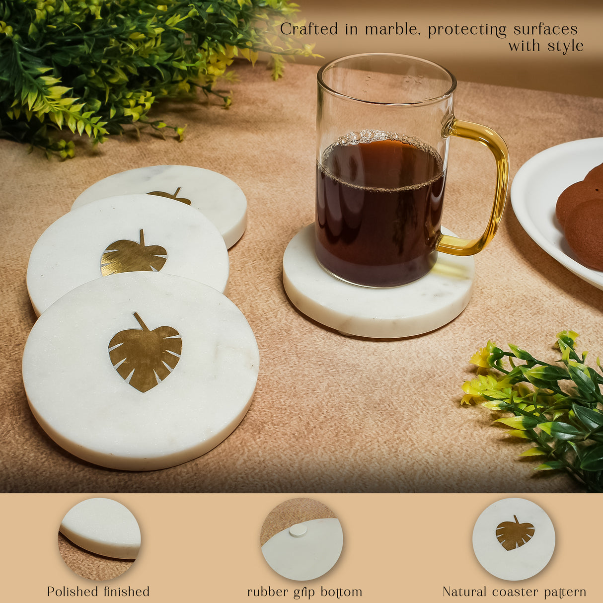 Gold Leaf Marble Coasters – Handmade, Elegant Table Coasters for Home Decor