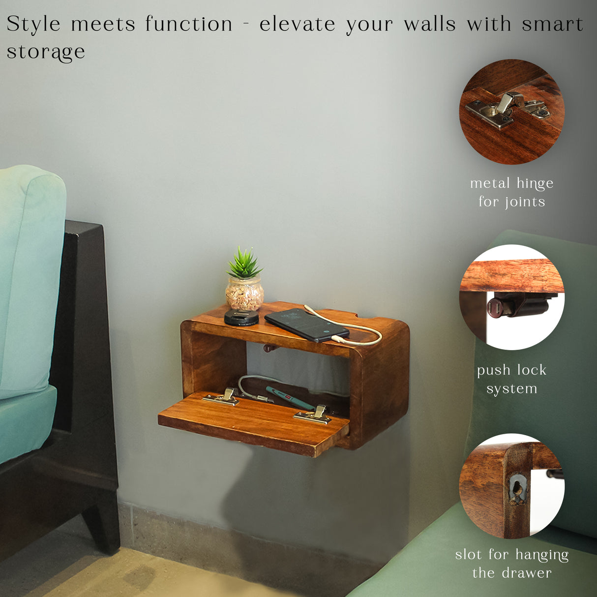 Wooden Cable Management Box with Drawer – Floating Wall Mount Storage Shelf, Cord Organizer, Wooden Cord Box for Wires, Chargers, Gadgets – Wood Cable Hider for Home & Office