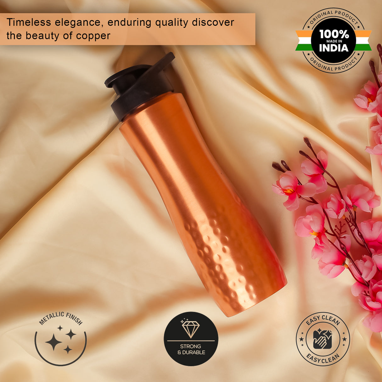Pure Copper Sipper Water Bottle – Ayurvedic Health Benefits, Leak-Proof, Portable