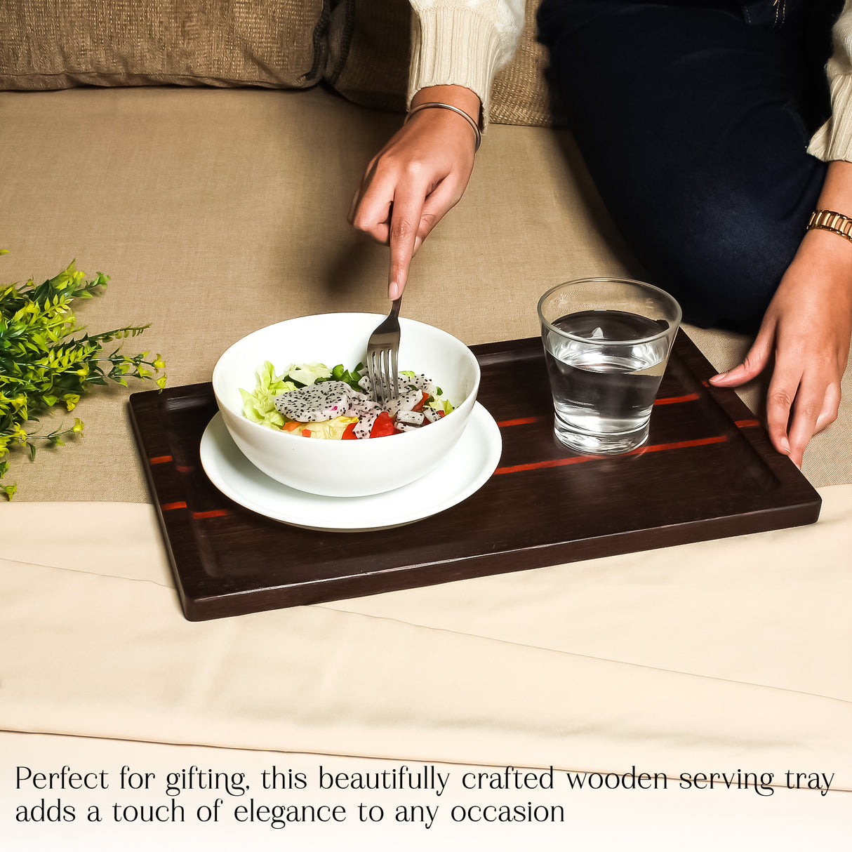 Handcrafted Dark Wooden Tray with Red Accent Lines – Durable & Stylish Serving Solution