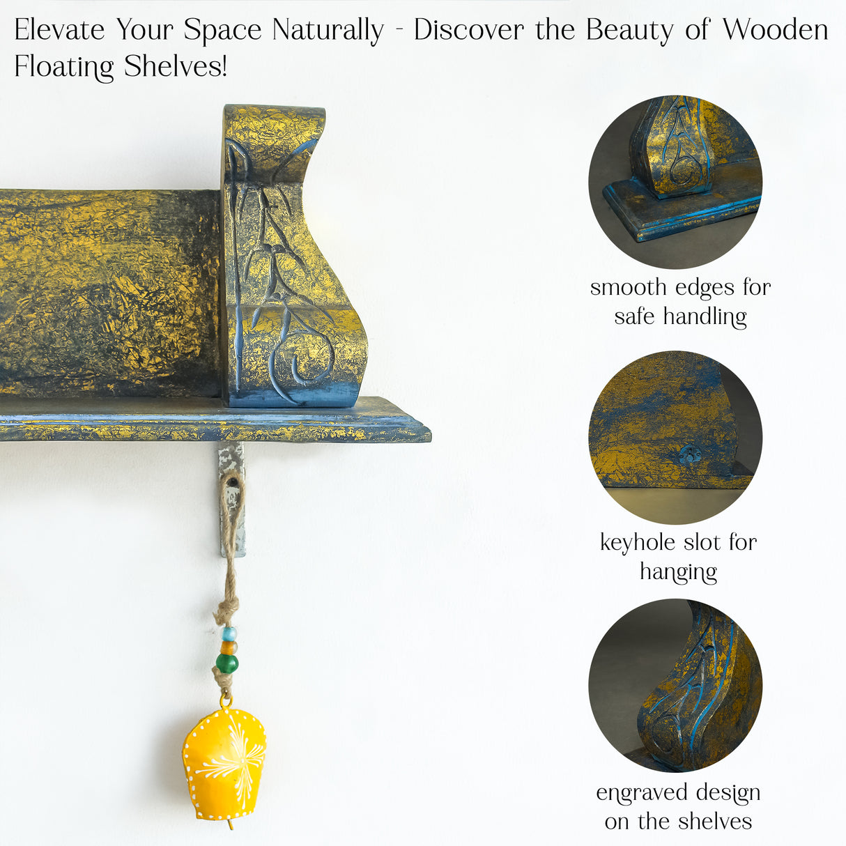 Rustic Blue Hand-Carved Wooden Wall Shelf for Home Decor