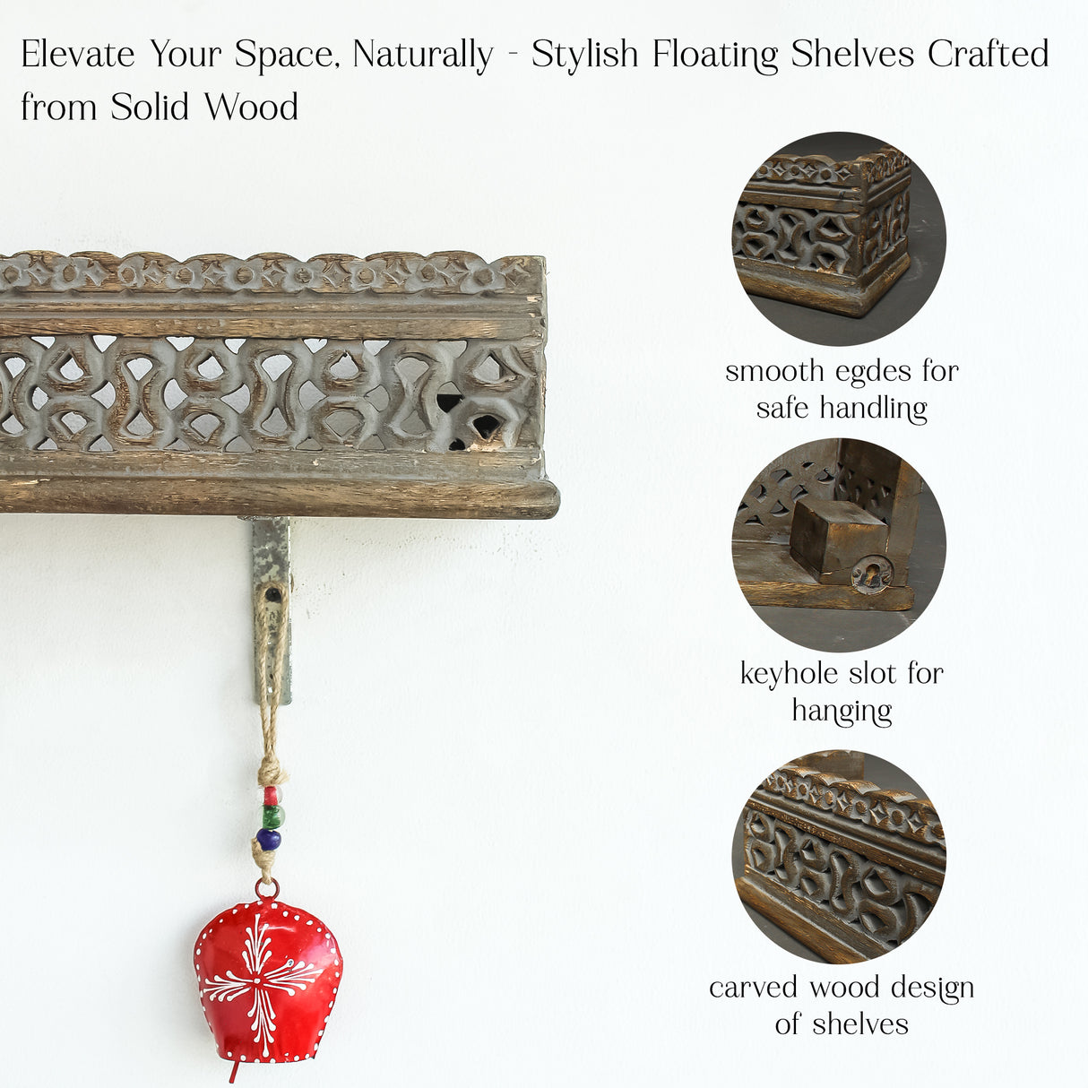 Handcrafted Grey Wooden Wall Shelf with Intricate Carvings for Home Decor