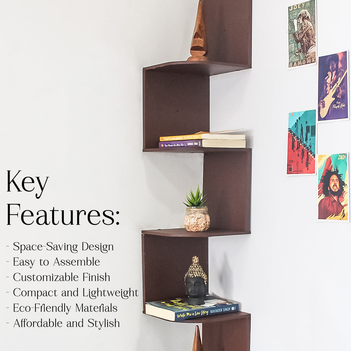 5-Tier Floating Corner Wall Shelf – Modern Storage Organizer Shelf (Brown)