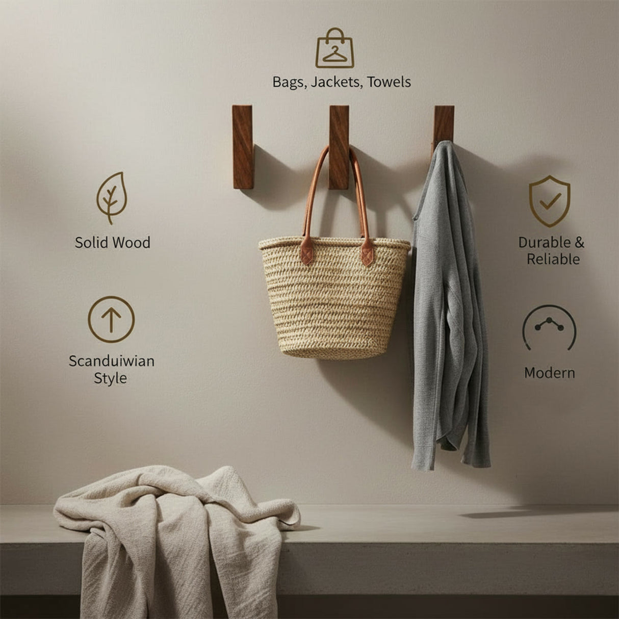 Wooden Wall Hooks Wall Mounted – Solid Wood Coat Hooks for Hanging Clothes, Towels, Bags & Jackets
