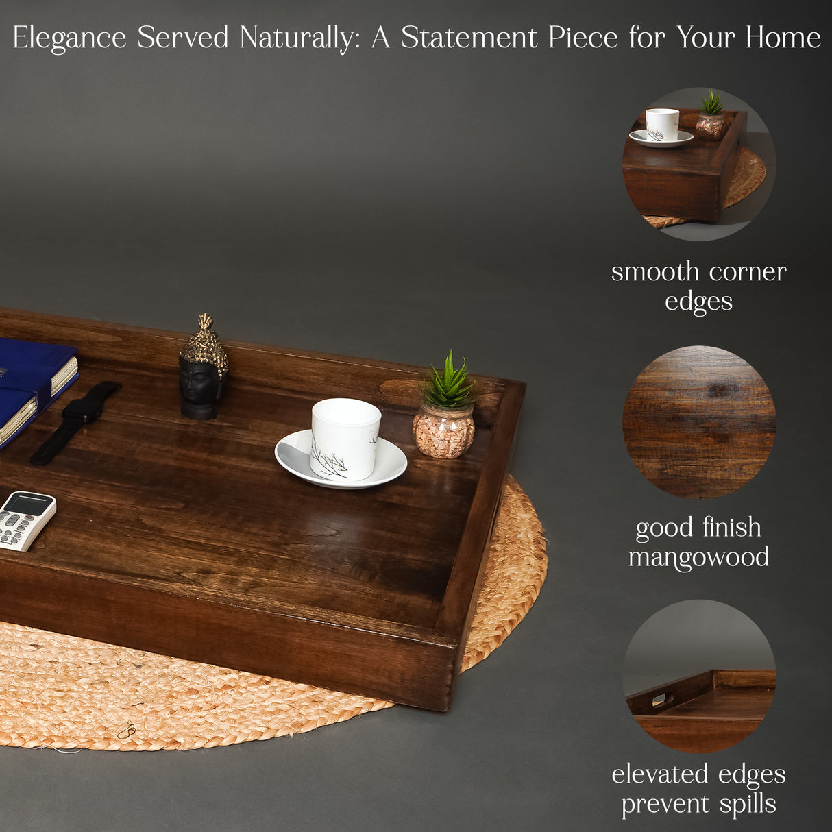 Large Wooden Serving Tray with Handles – 30x24 Inch Multipurpose Serving and Display Tray