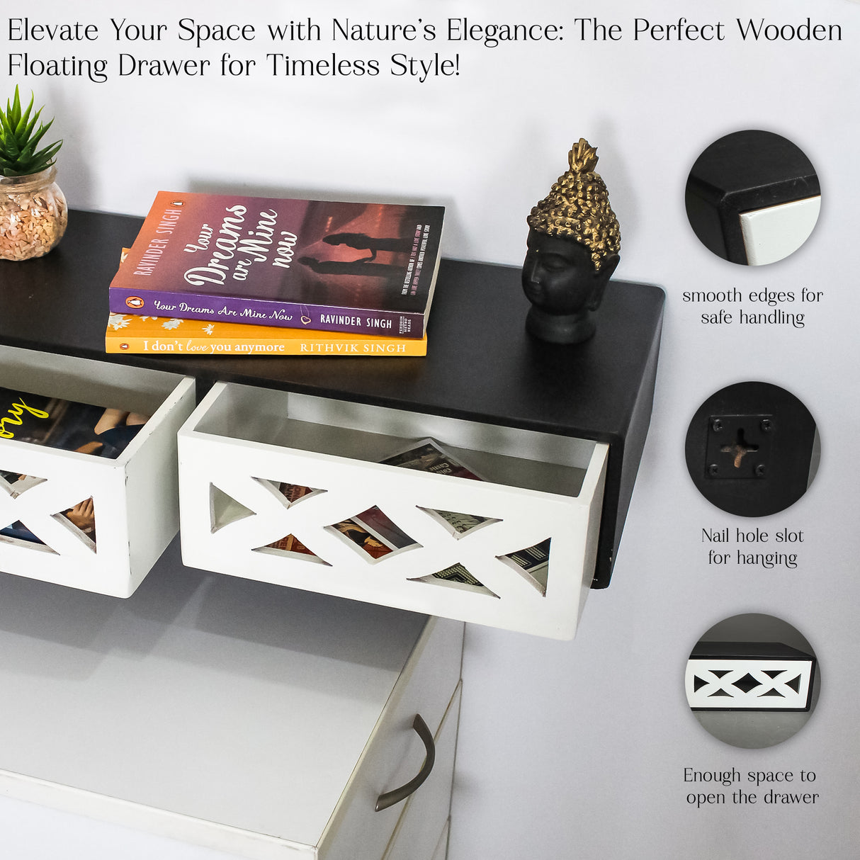 Modern Floating Wooden Dual Drawers, Rustic Wall Shelves for Stylish Home Storage